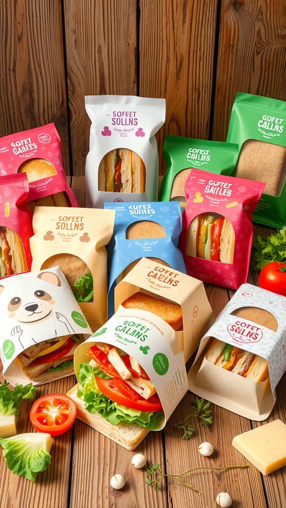 A colorful assortment of sandwiches in creative eco-friendly packaging on a wooden table.
